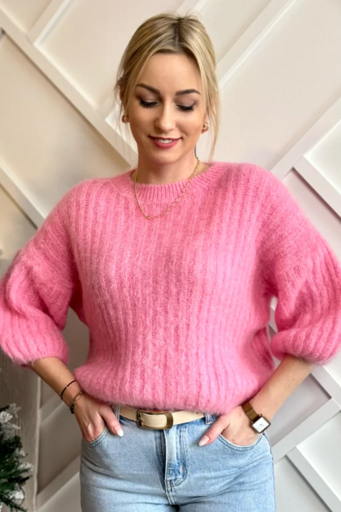 moherowy sweter damski na krótki rękaw różowy dzwonek