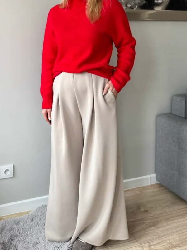 beżowe eleganckie spodnie dresowe damskie szerokie z zakładkami mooij