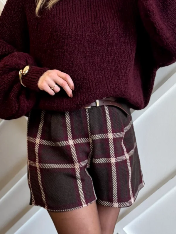 czekoladowe brązowe spodenki damskie w kratę tweedowe w kratkę
