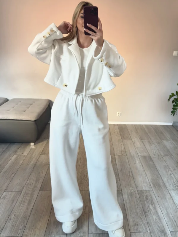 komplet dresowy damski z marynarką trzyczęściowy dres z szerokimi spodniami biały