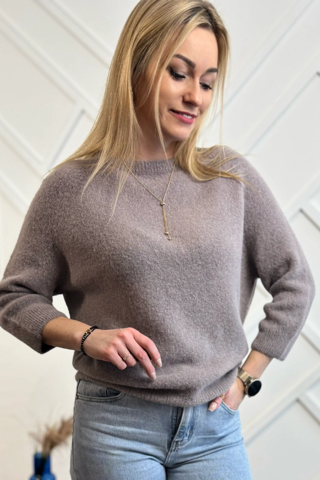 sweter damski baby alpaka taupe ciemny beżowy rękaw 3/4 Toscana-39