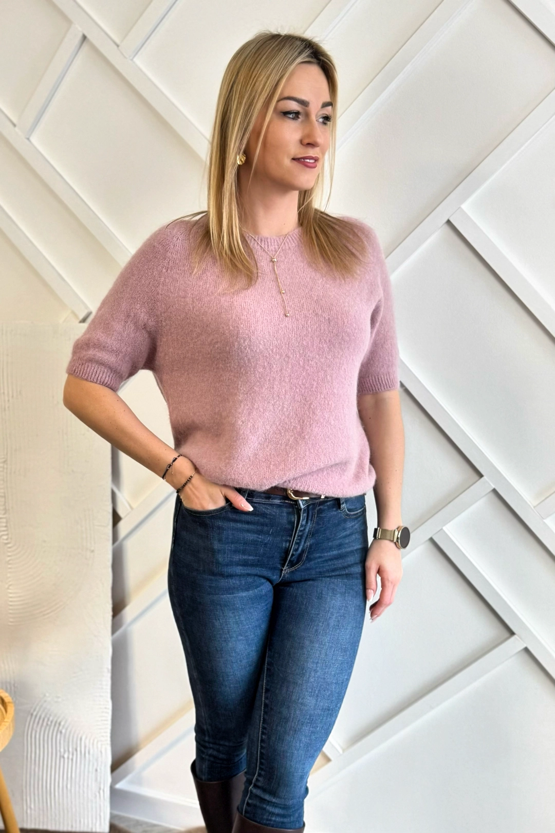 sweter damski baby alpaka jasny różowy pudrowy na krótki rękaw