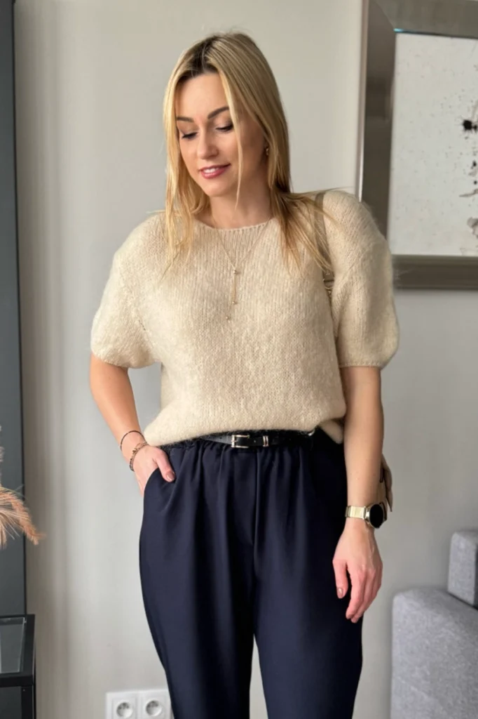 moherowy sweter z krótkim rękawem beżowy kid moher sweterek