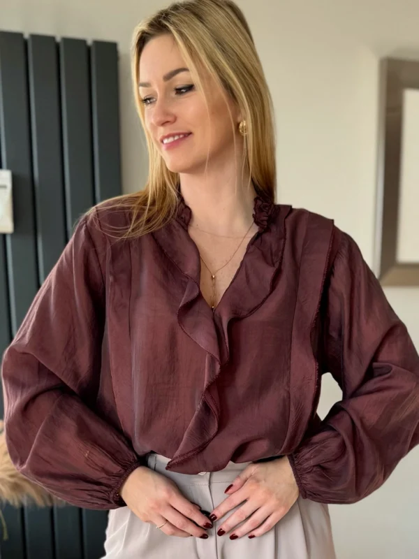 bordowa koszula damska mgiełka z falbanami z tencelu 100% tenecel