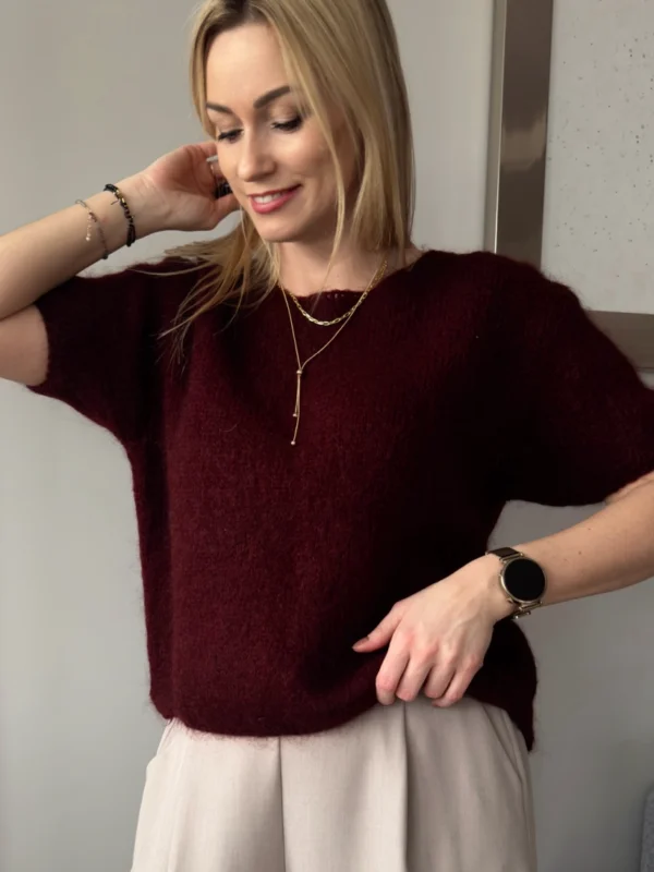 moherowy sweter z krótkim rękawem bordowy kid moher sweterek