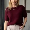 sweter damski z alpaki bordowy z krótkim rękawem Toscana-39 baby alpaka