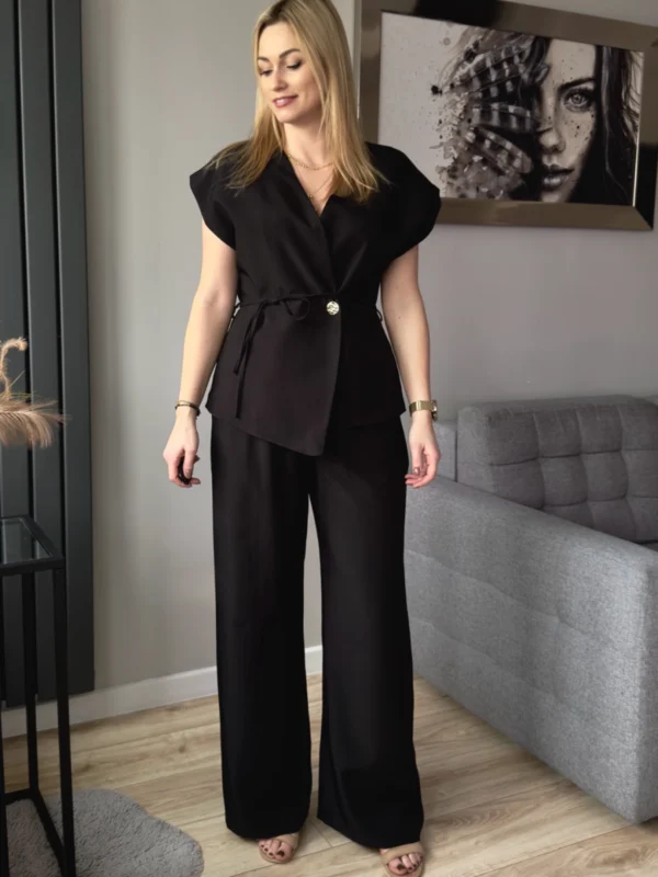 komplet damski z kamizelką i szerokimi spodniami czarny