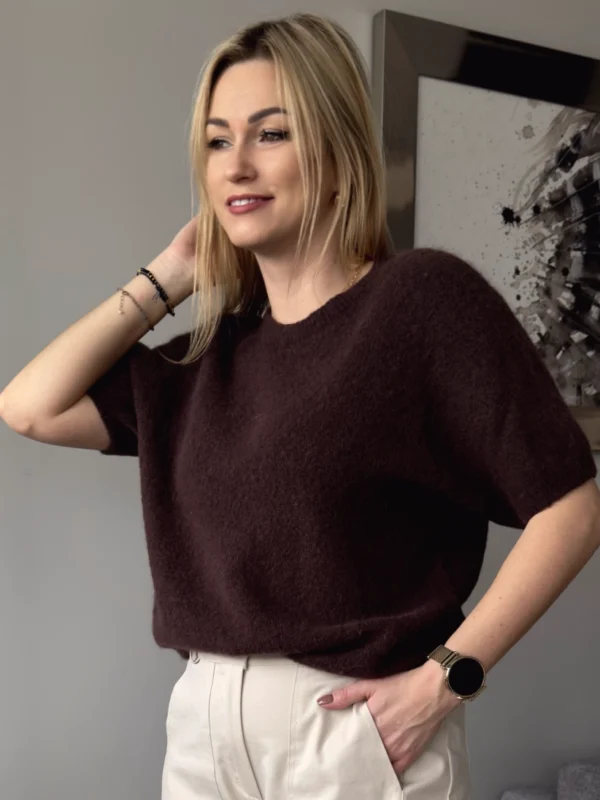 sweter z alpaki czekoladowy sweterek baby alpaka brązowy na krótki rękaw Toscana-39