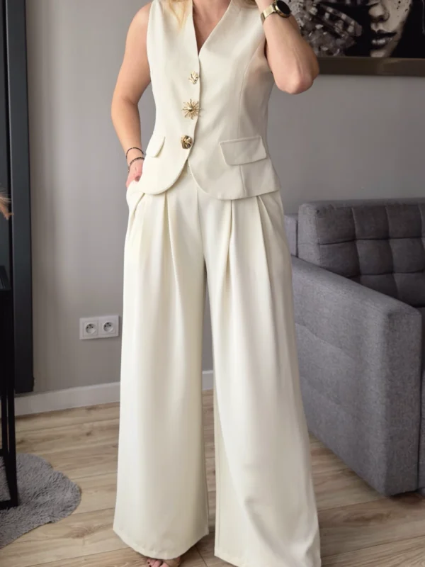 elegancki komplet damski kamizelka i szerokie spodnie biały