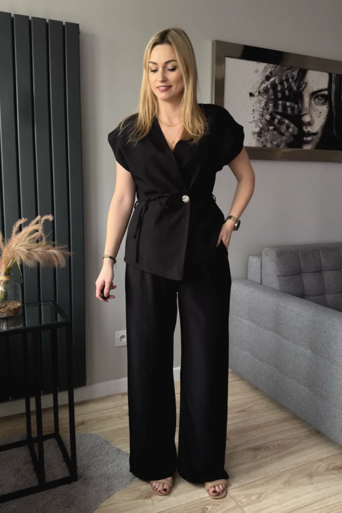 komplet damski z kamizelką i szerokimi spodniami czarny eleganckie komplety damskie na komunię