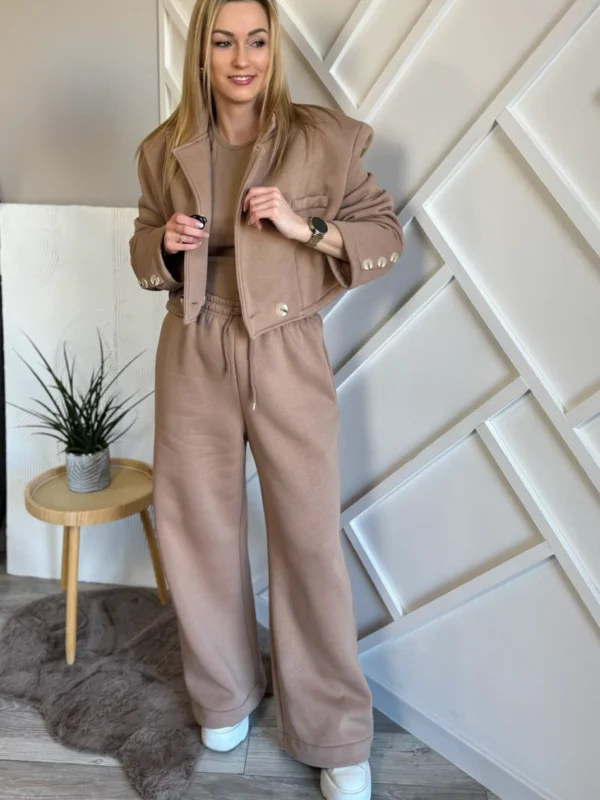 komplet dresowy damski z marynarką trzyczęściowy dres z szerokimi spodniami camel