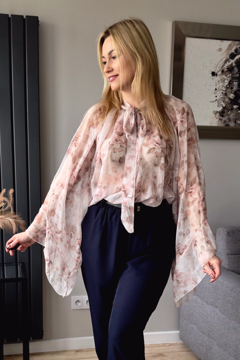 koszula damska mgiełka w kwiaty szyfonowa z kokardą pudrowa beżowa