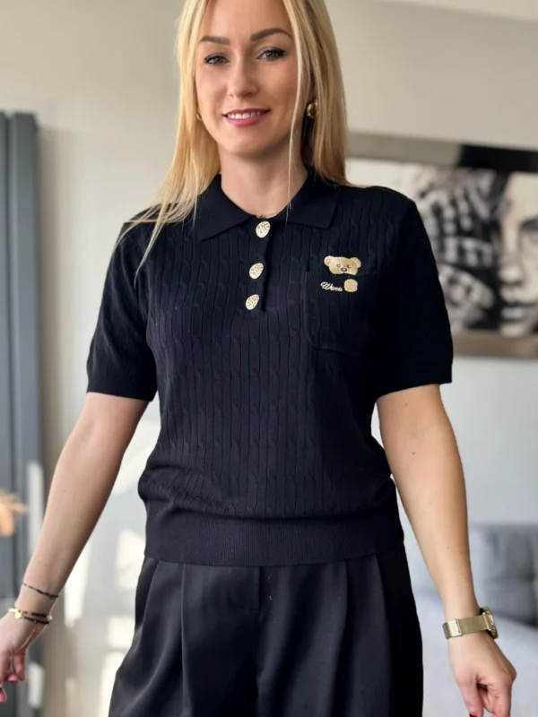 koszulka bluzka POLO damska czarna z kołnierzykiem z krótkim rękawem z misiem