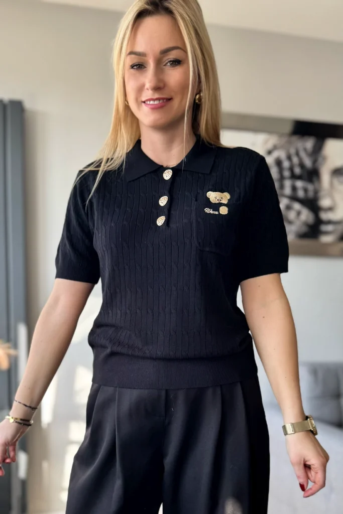 koszulka bluzka POLO damska czarna z kołnierzykiem z krótkim rękawem z misiem