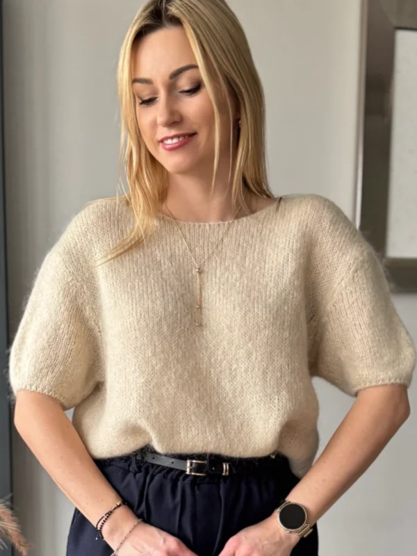 moherowy sweter z krótkim rękawem beżowy kid moher sweterek