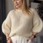 moherowy sweter damski z krótkim rękawem kremowy ecru 60% moher