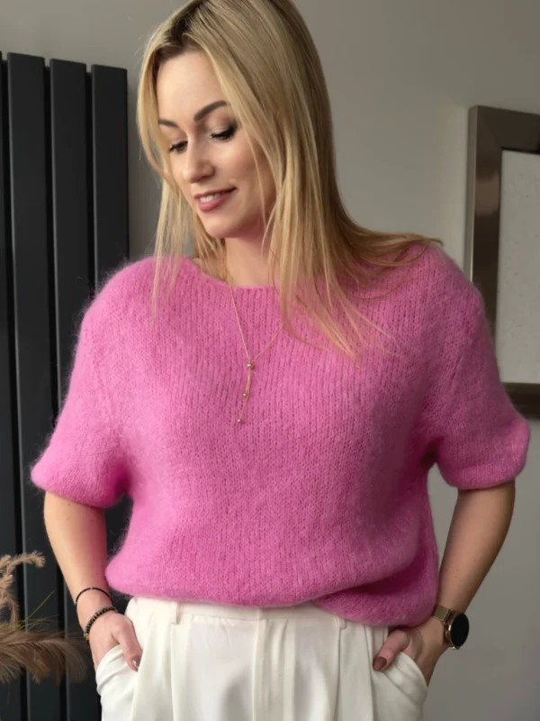 moherowy sweter z krótkim rękawem różowy kid moher sweterek