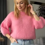 moherowy sweter damski różowy z krótkim rękawem sweterek z moheru