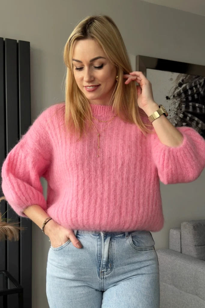 moherowy sweter damski różowy z krótkim rękawem sweterek z moheru