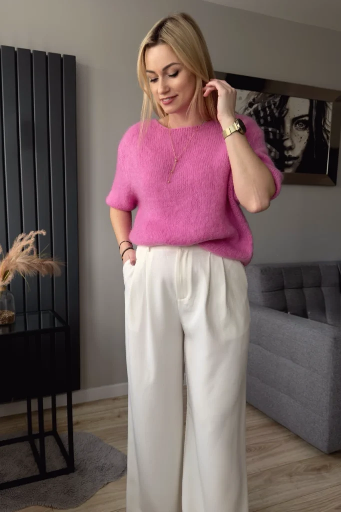 moherowy sweter z krótkim rękawem różowy kid moher sweterek