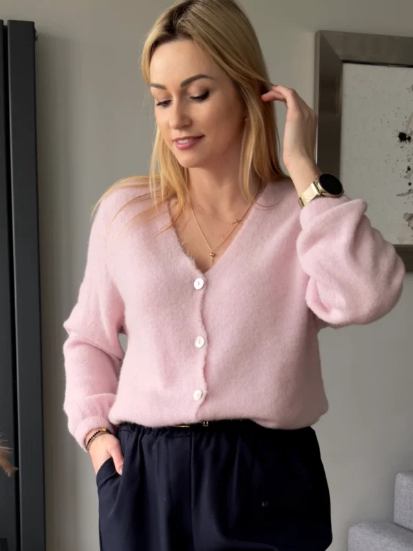 sweter z alpaki rozpinany różowy pastelowy kardigan baby alpaka