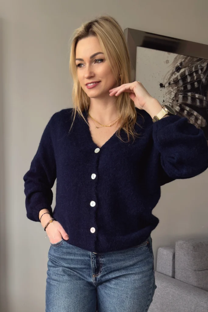 sweter z alpaki rozpinany granatowy kardigan baby alpaka