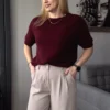 sweter damski z alpaki bordowy z krótkim rękawem Toscana-39 baby alpaka