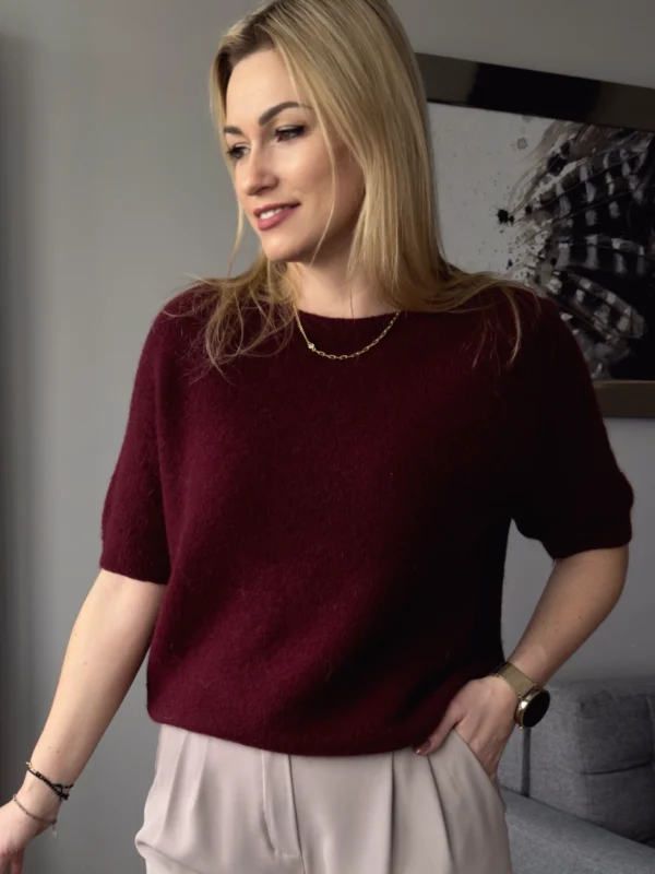 sweter damski z alpaki bordowy z krótkim rękawem Toscana-39 baby alpaka