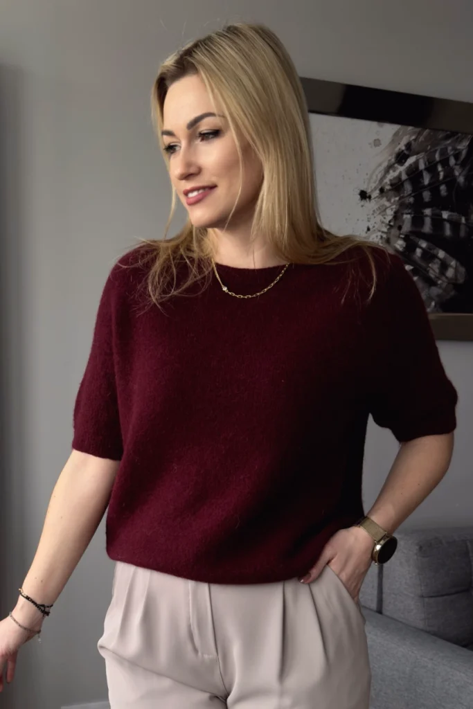 sweter damski z alpaki bordowy z krótkim rękawem Toscana-39 baby alpaka