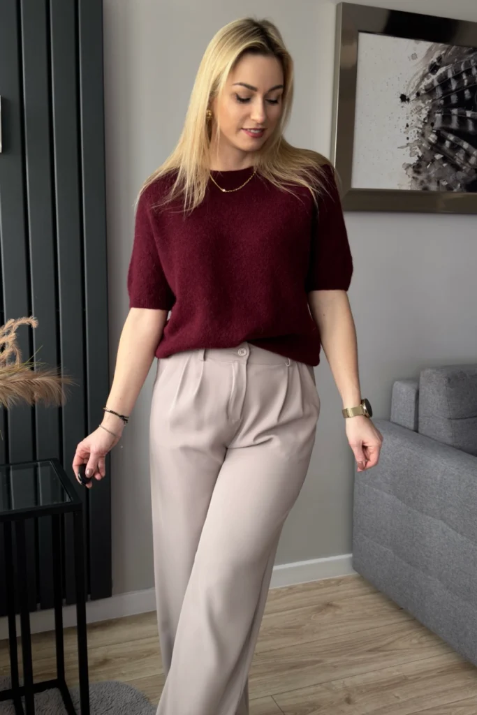 sweter damski z alpaki bordowy z krótkim rękawem Toscana-39 baby alpaka