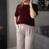 sweter damski z alpaki bordowy z krótkim rękawem Toscana-39 baby alpaka