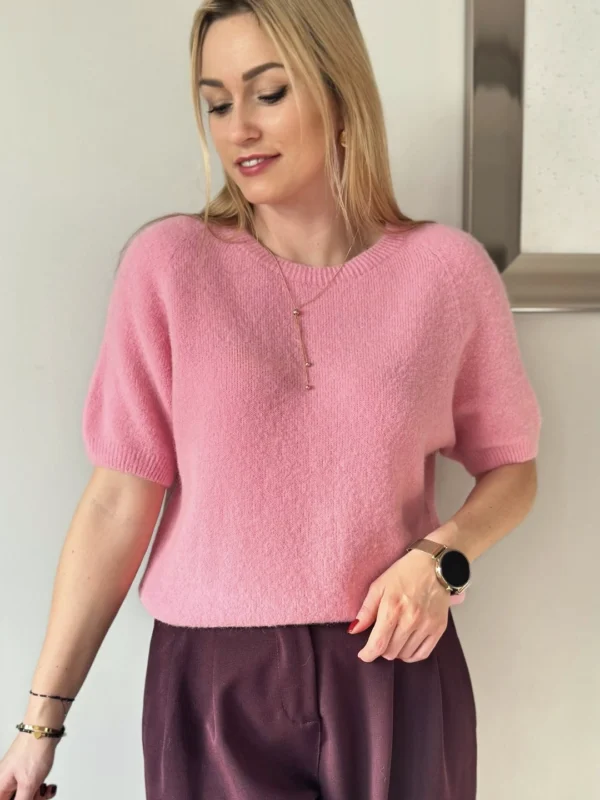 sweter damski z alpaki baby alpaka różowy z krótkim rękawem Toscana-39