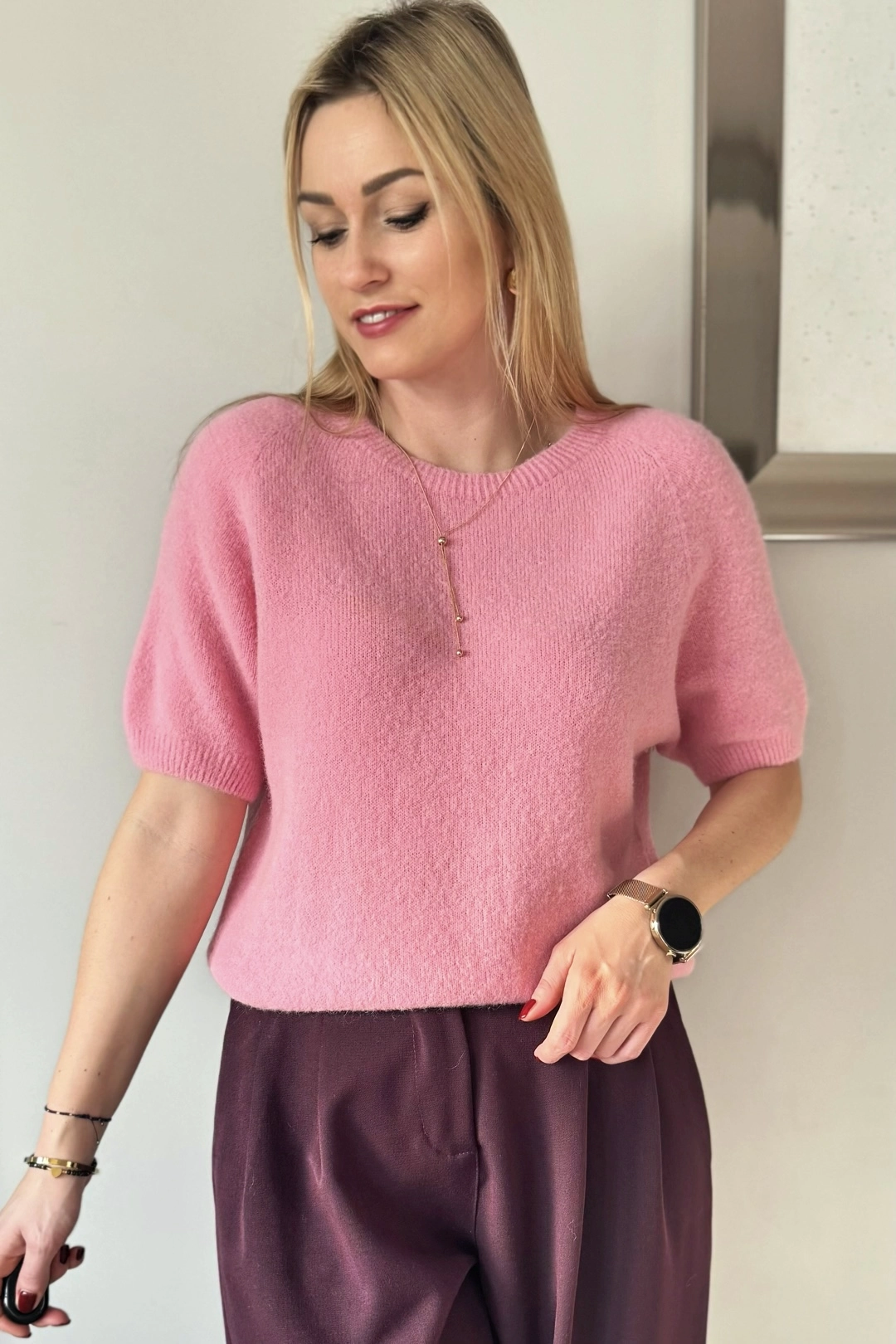 sweter damski z alpaki baby alpaka różowy z krótkim rękawem Toscana-39