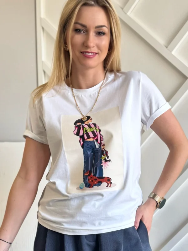 biały T-shirt damski z nadrukiem dziewczyny z aplikacją bawełniany