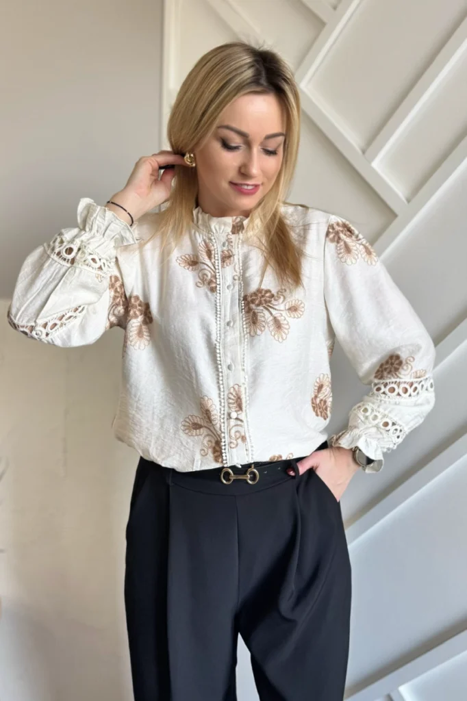 koszula damska boho z haftami beżowa haftowane wzory