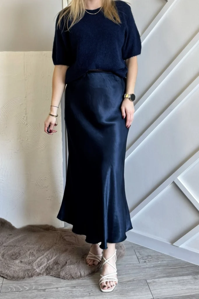 satynowa spódnica midi granatowa z wiskozy 100% wiskoza