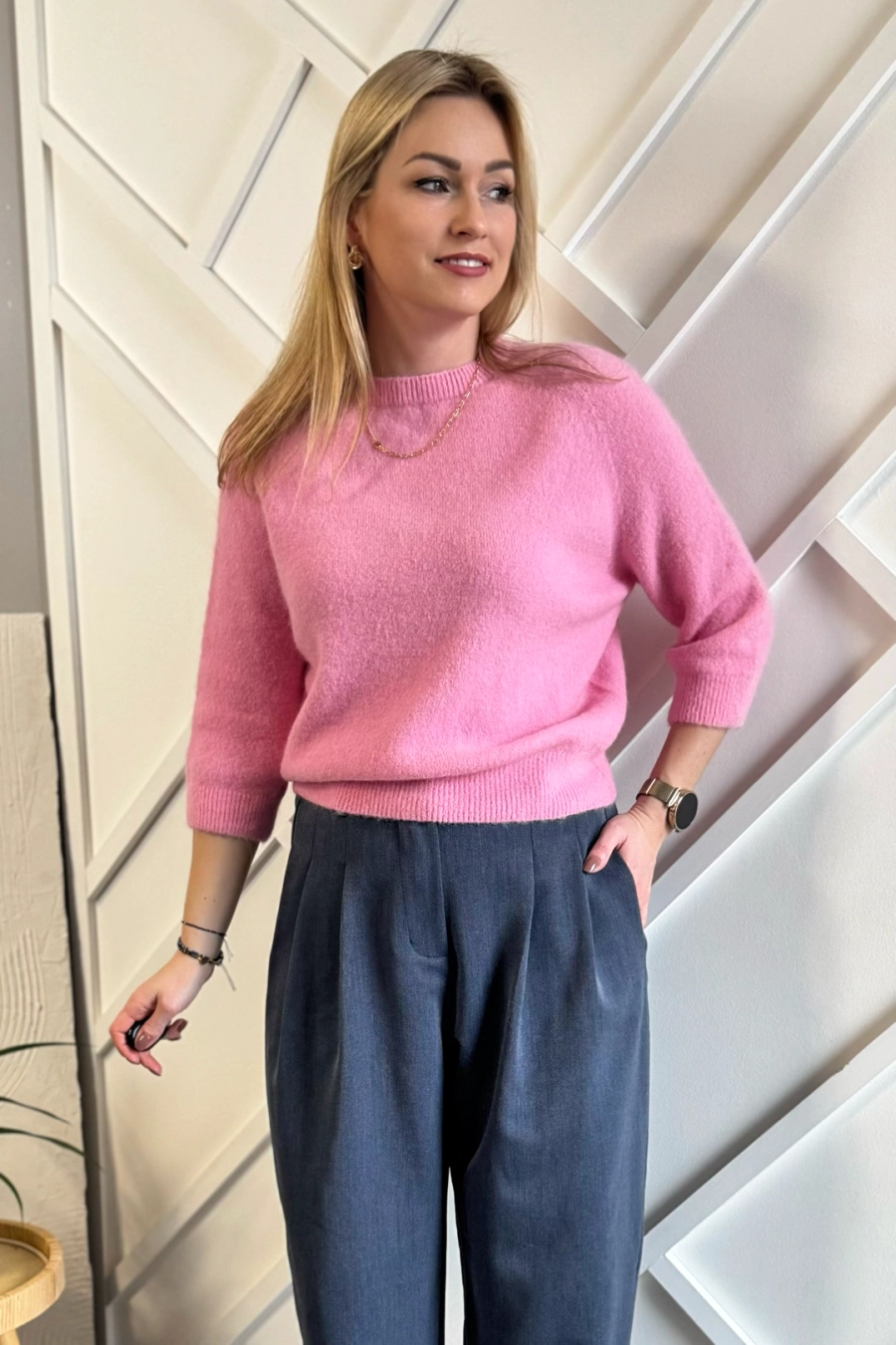 sweter damski baby alpaka z alpaki różowy rękaw 3/4 Toscana-39