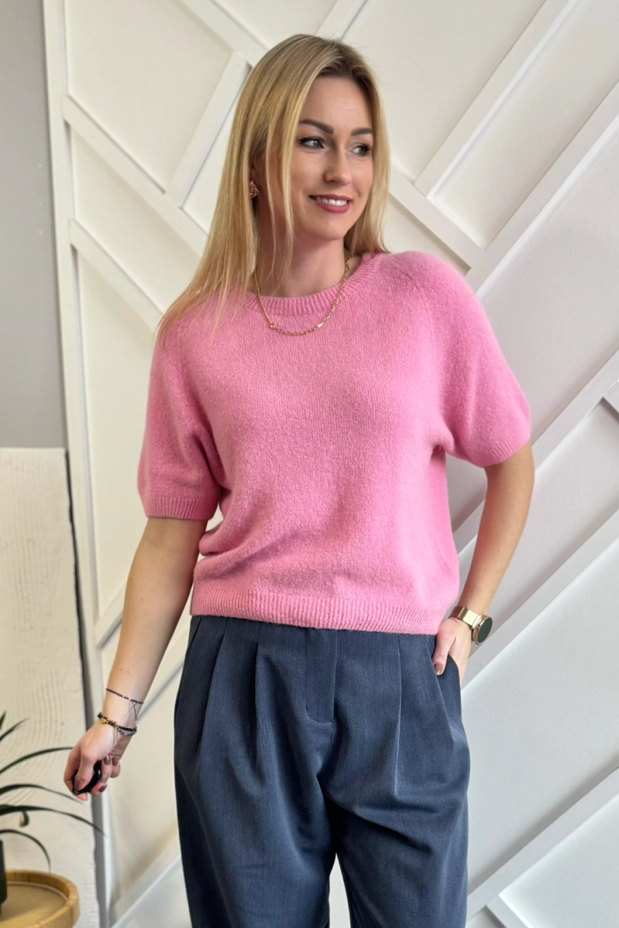 sweter damski z alpaki baby alpaka różowy z krótkim rękawem Toscana-39