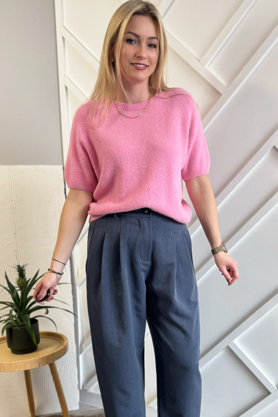 sweter damski z alpaki baby alpaka różowy z krótkim rękawem Toscana-39