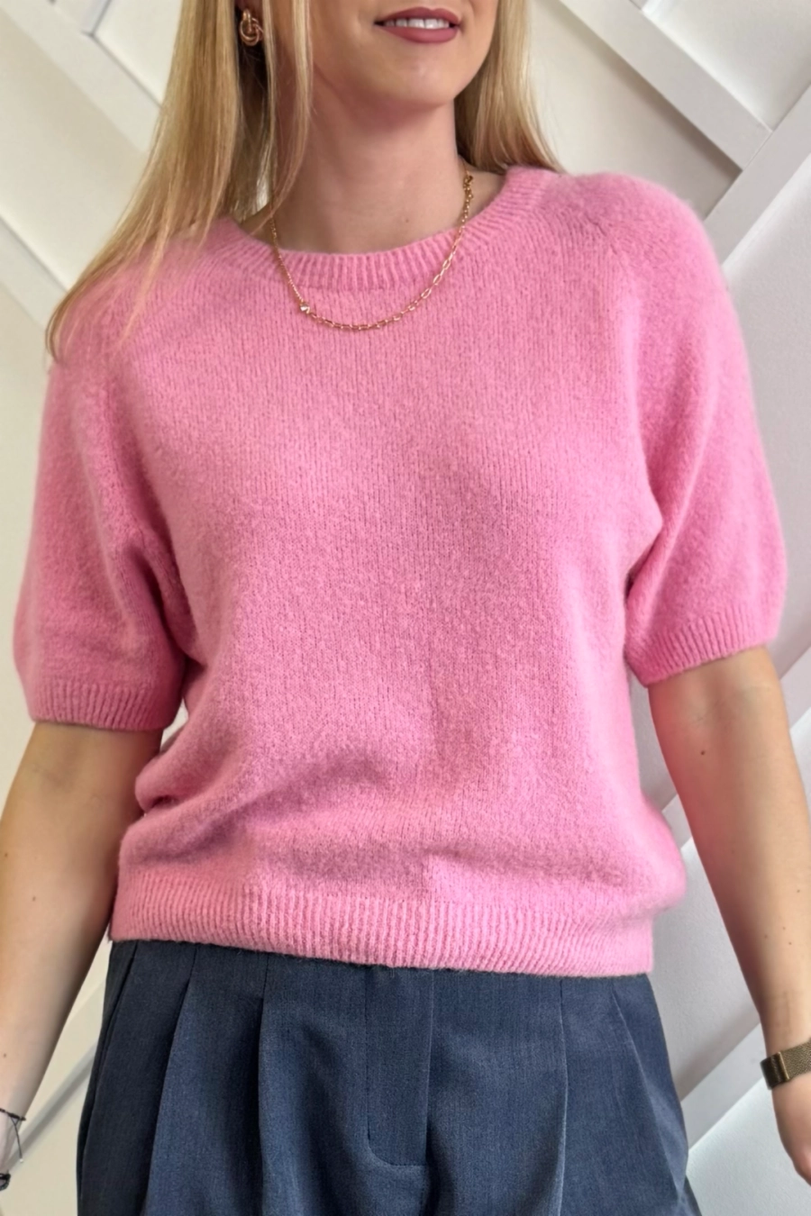 sweter damski z alpaki baby alpaka różowy z krótkim rękawem Toscana-39