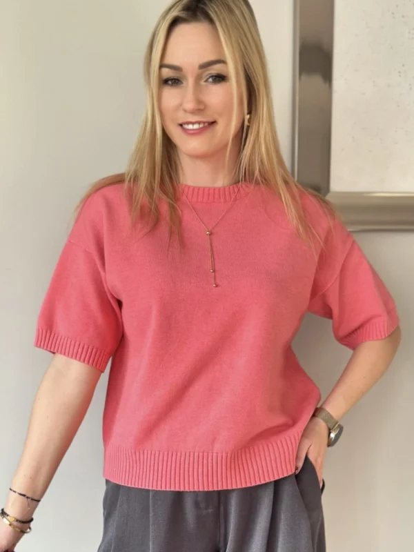 sweter damski z krótkim rękawem koralowy z wiskozy Dolce Piccante