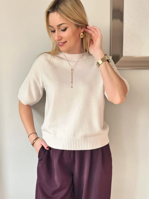 sweter damski z krótkim rękawem kremowy ecru z wiskozy Dolce Piccante