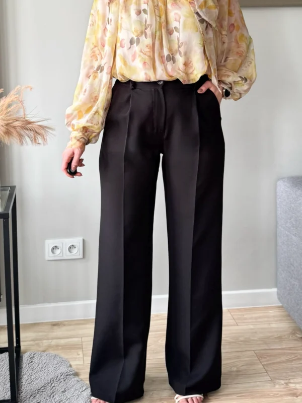 eleganckie spodnie damskie czarne w kant z wysokim stanem