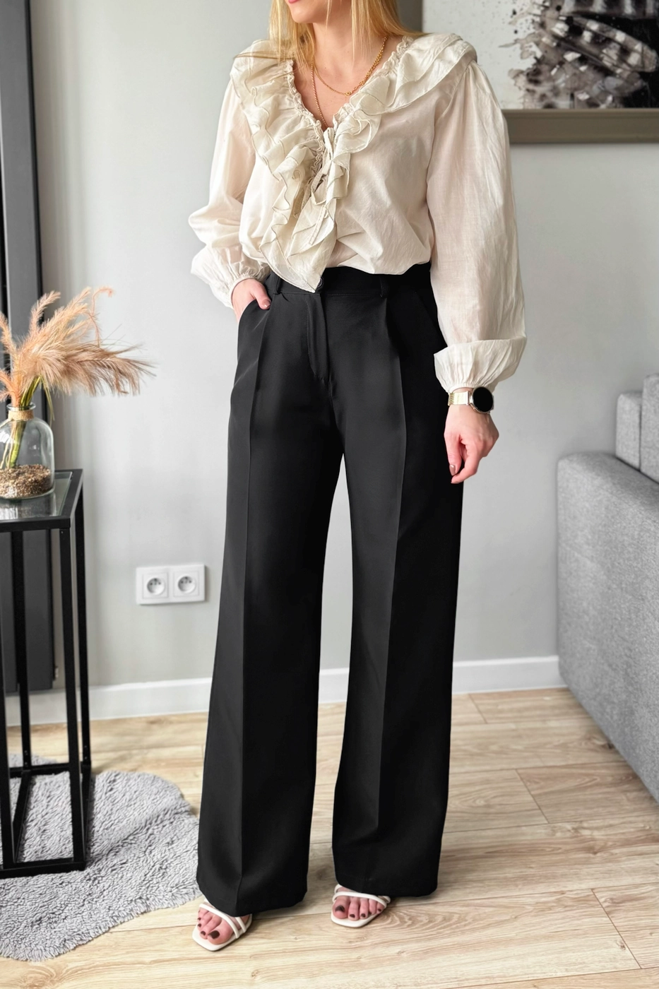 eleganckie spodnie damskie czarne w kant z wysokim stanem