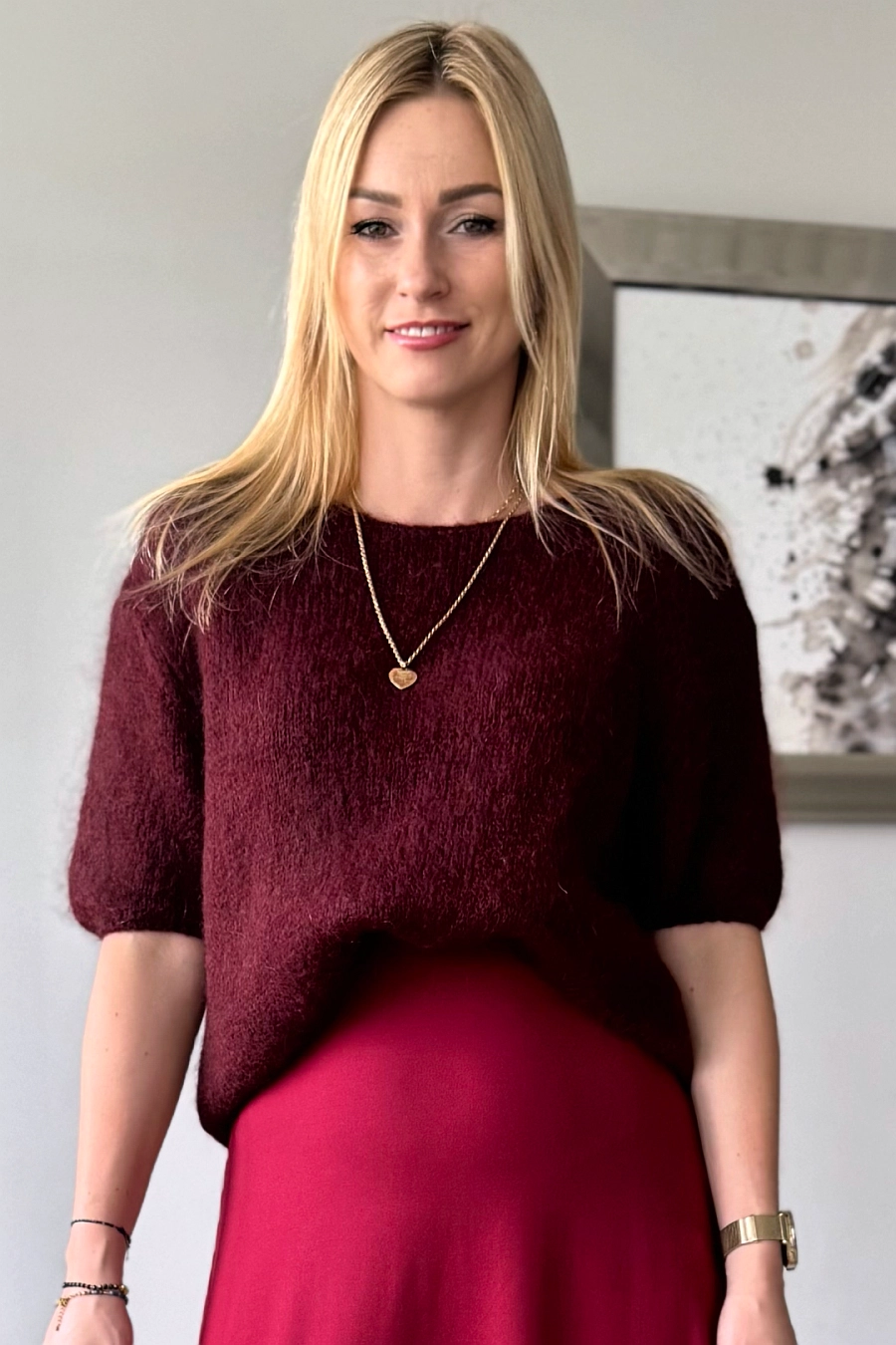 bordowy moherowy sweter sweterek damski z krótkim rękawem moher