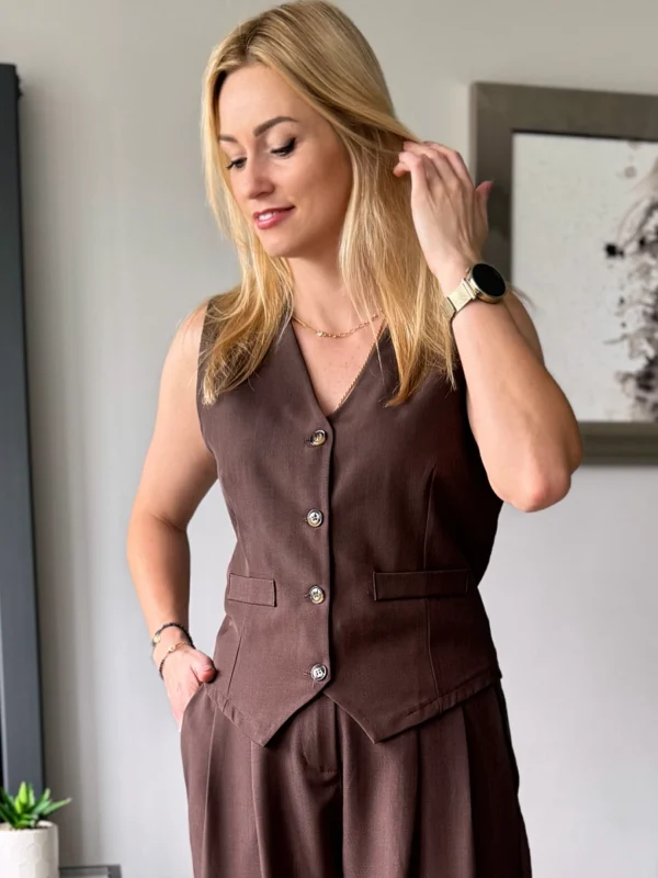 czekoladowa kamizelka damska elegancka garniturowa brązowa