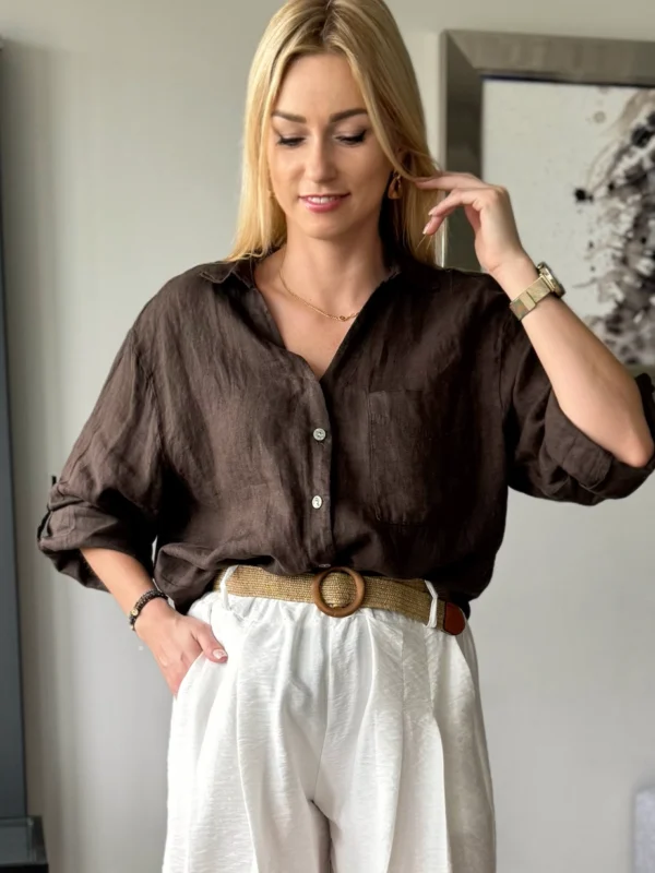 lniana koszula damska czekoladowa brązowa 100% len oversize