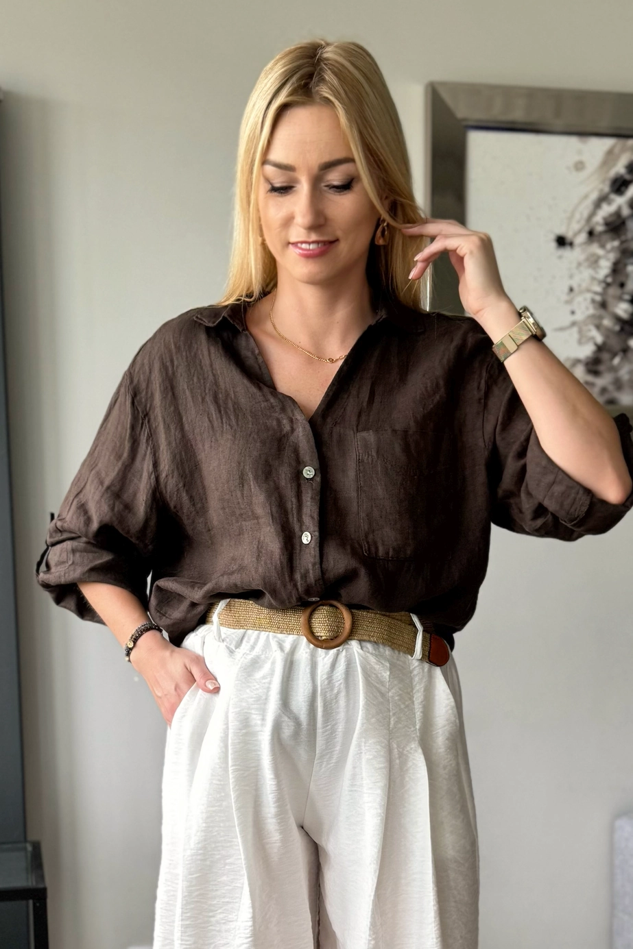 lniana koszula damska czekoladowa brązowa 100% len oversize