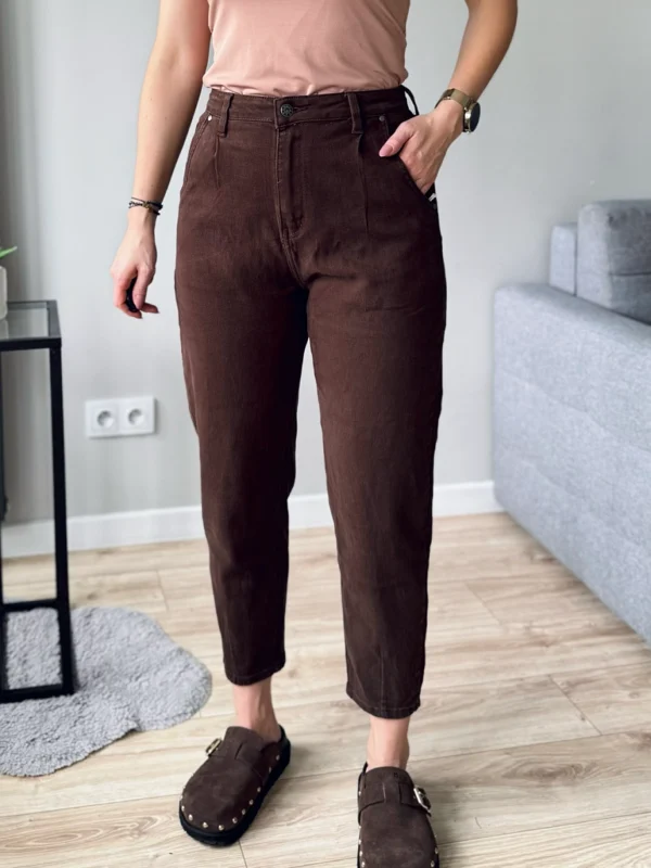 czekoladowe Jeansy damskie balloon balony brązowe mom fit spodnie jeansowe dżinsy