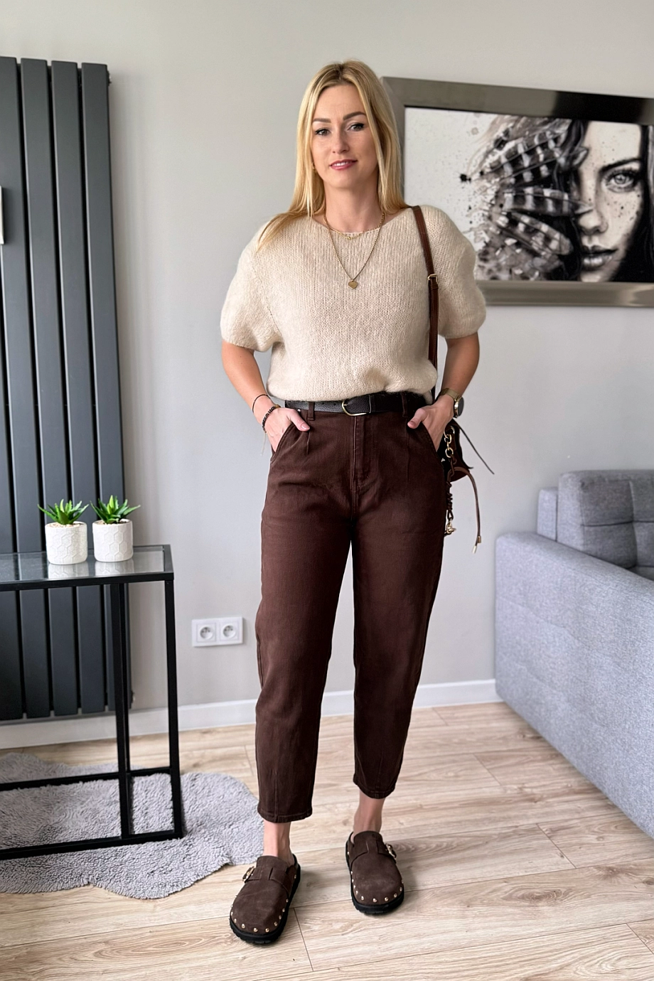 czekoladowe Jeansy damskie balloon balony brązowe mom fit spodnie jeansowe dżinsy